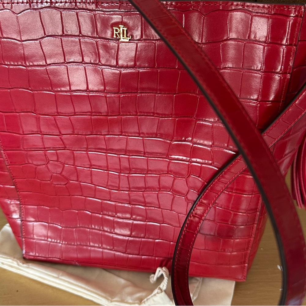 NWT. Ralph Lauren Embossed Red Adley Shoulder Bag with tassel - Picture 10 of 14